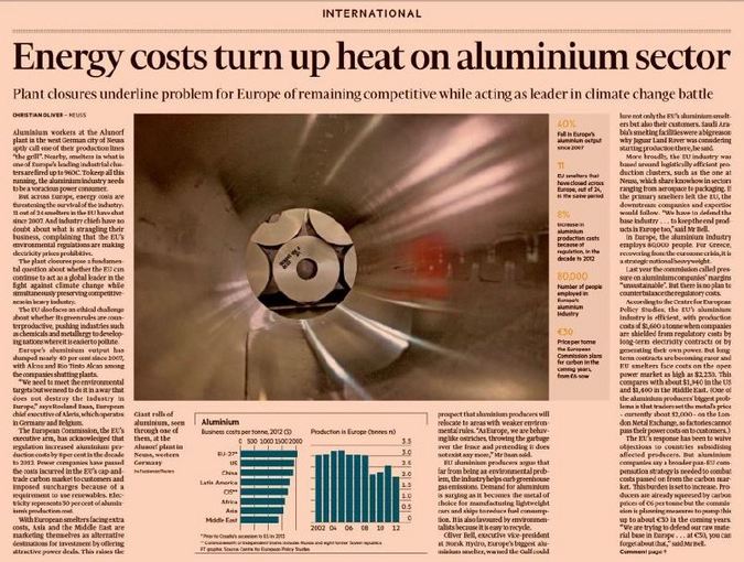Foto News - Financial Times - La competitività dell'industria europea dell'alluminio